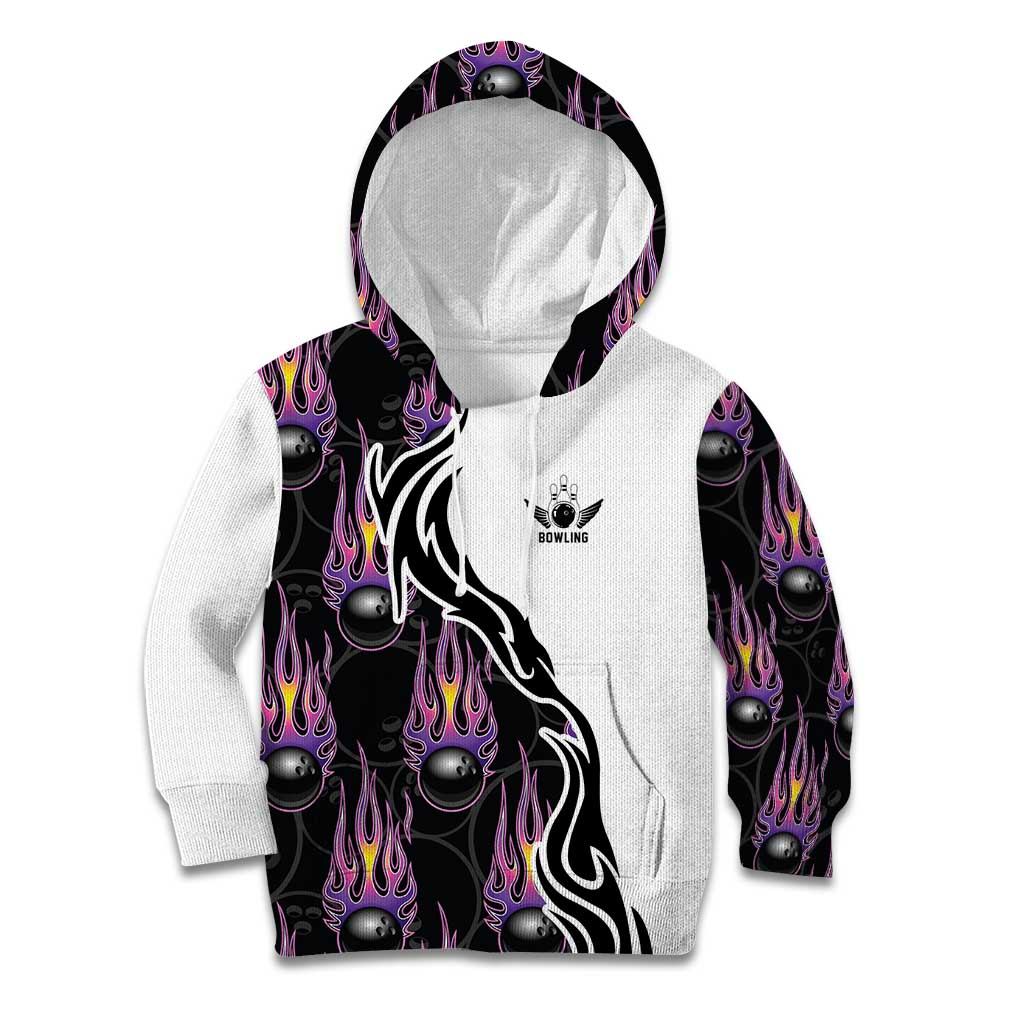 Custom Bowling Team Graphic Kid Hoodie with Flaming Ball Design in Black White and Purple Flame Pattern - Wonder Print Shop