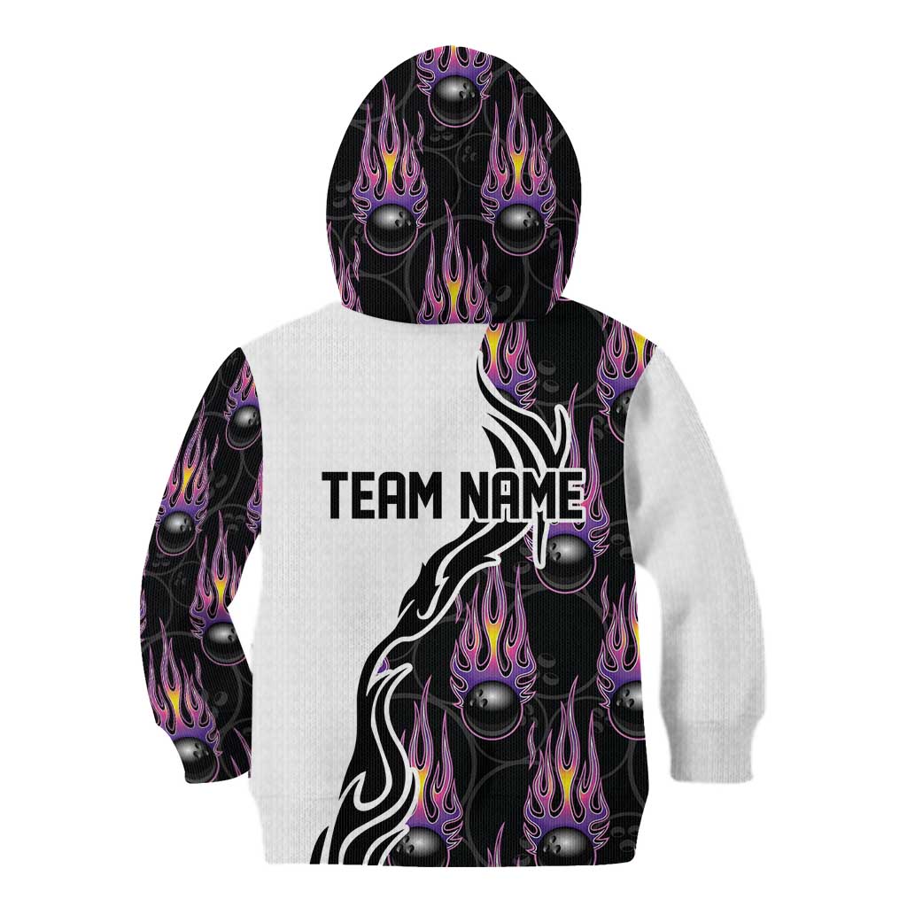 Custom Bowling Team Graphic Kid Hoodie with Flaming Ball Design in Black White and Purple Flame Pattern - Wonder Print Shop