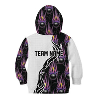 Custom Bowling Team Graphic Kid Hoodie with Flaming Ball Design in Black White and Purple Flame Pattern - Wonder Print Shop
