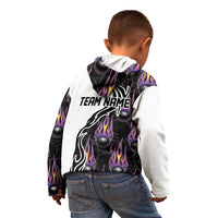 Custom Bowling Team Graphic Kid Hoodie with Flaming Ball Design in Black White and Purple Flame Pattern - Wonder Print Shop