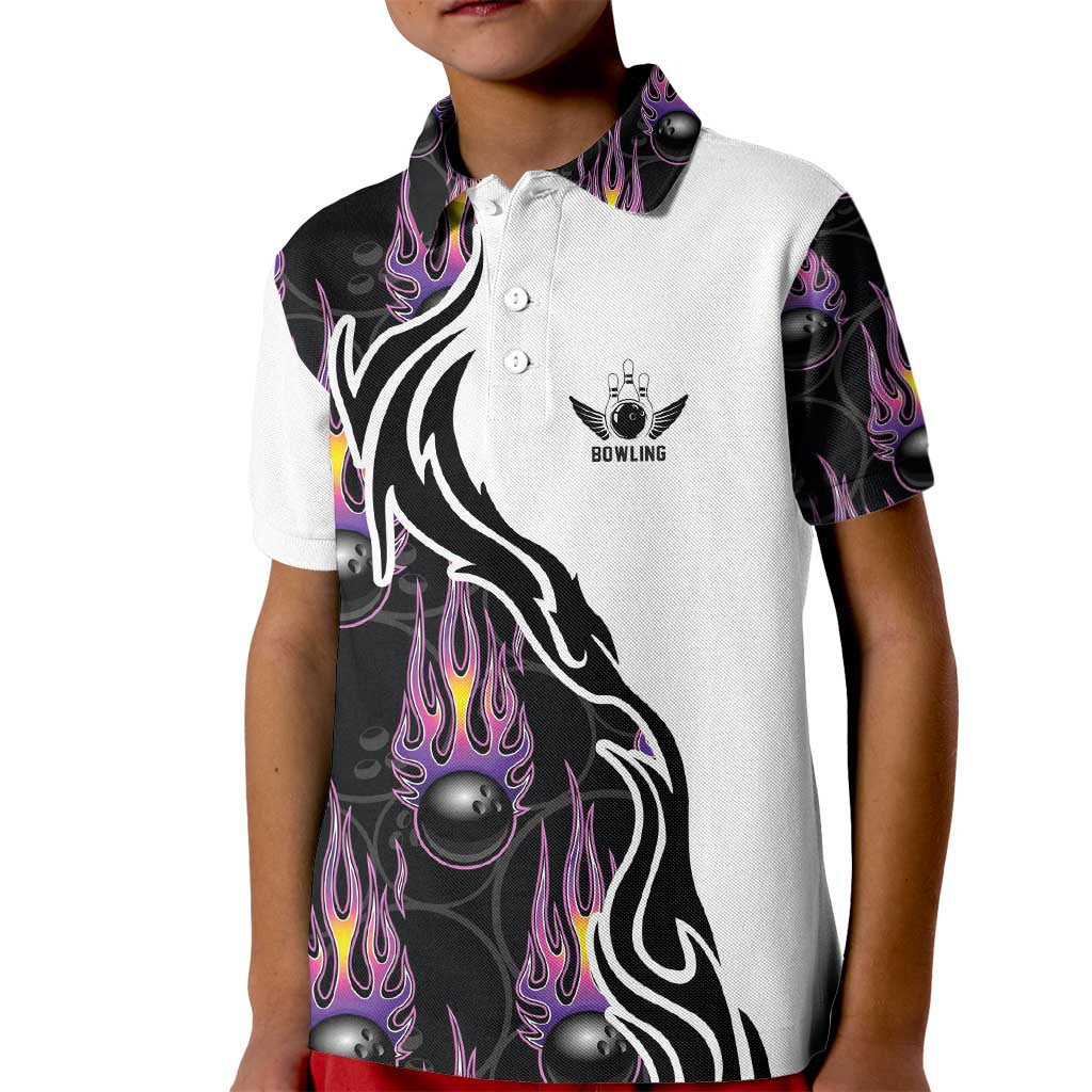 Custom Bowling Team Graphic Kid Polo Shirt with Flaming Ball Design in Black White and Purple Flame Pattern - Wonder Print Shop