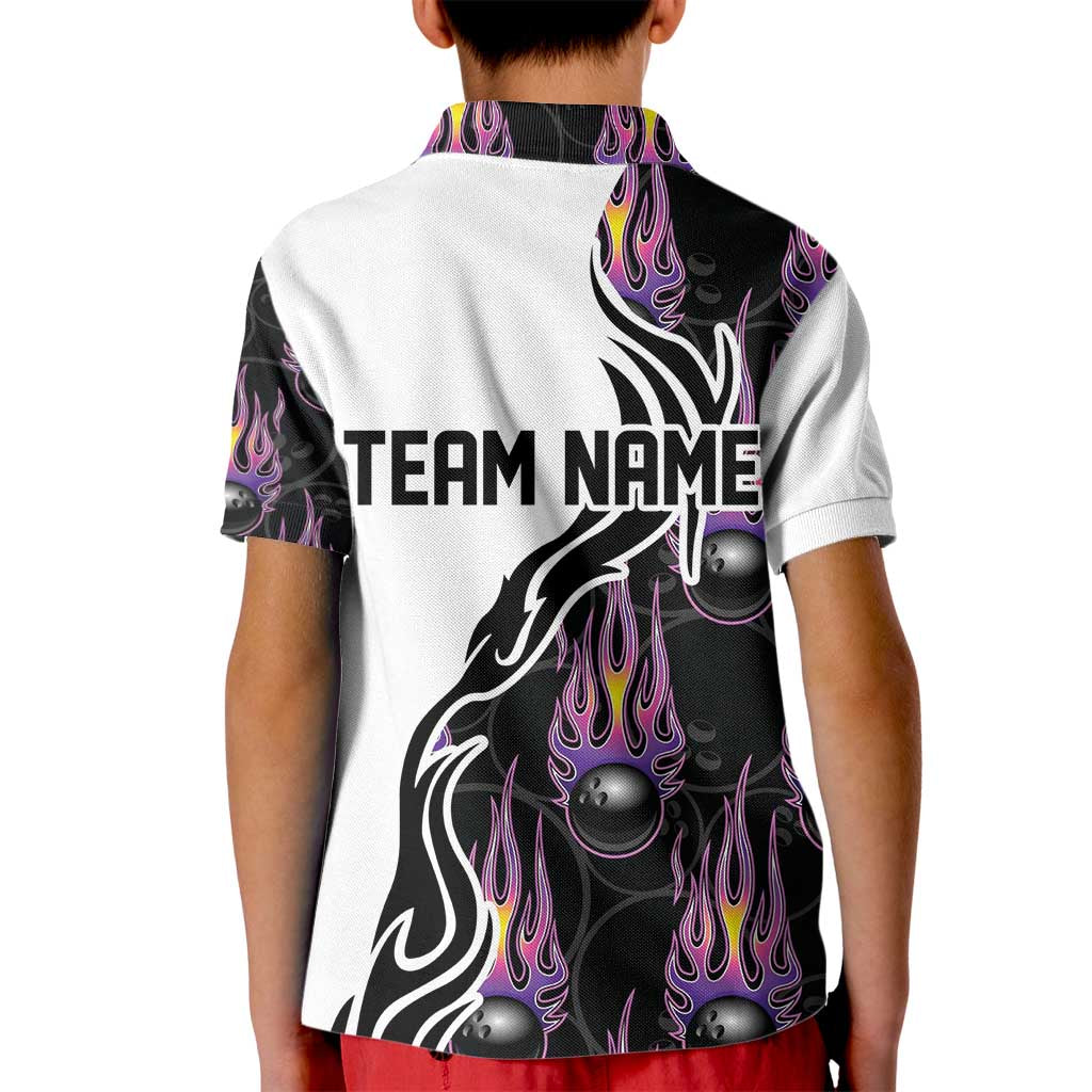Custom Bowling Team Graphic Kid Polo Shirt with Flaming Ball Design in Black White and Purple Flame Pattern - Wonder Print Shop