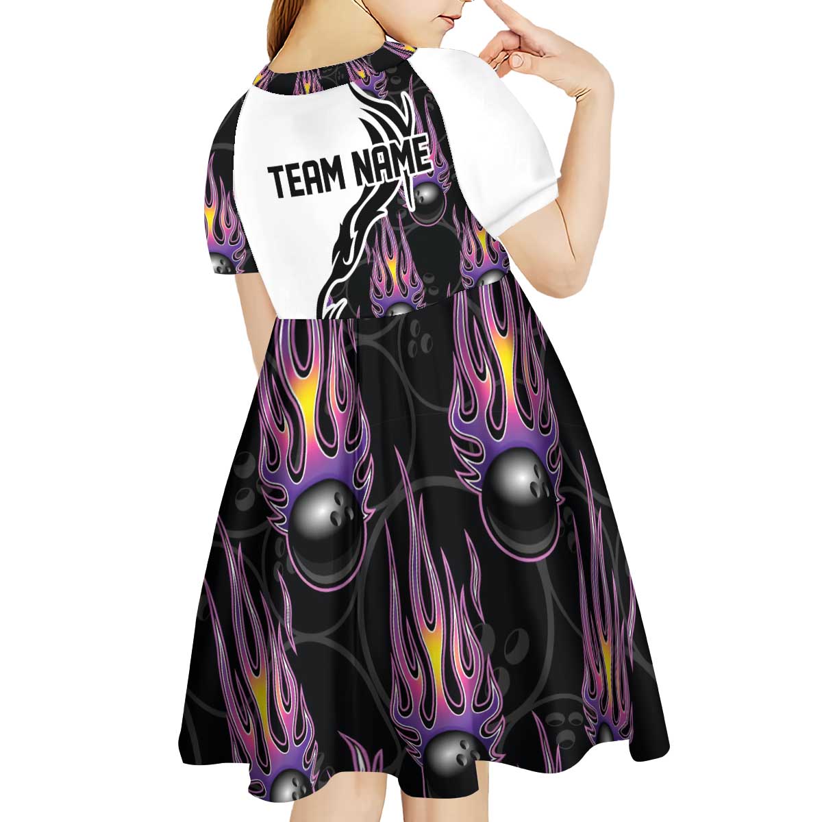 Custom Bowling Team Graphic Kid Short Sleeve Dress with Flaming Ball Design in Black White and Purple Flame Pattern - Wonder Print Shop