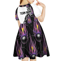 Custom Bowling Team Graphic Kid Short Sleeve Dress with Flaming Ball Design in Black White and Purple Flame Pattern - Wonder Print Shop