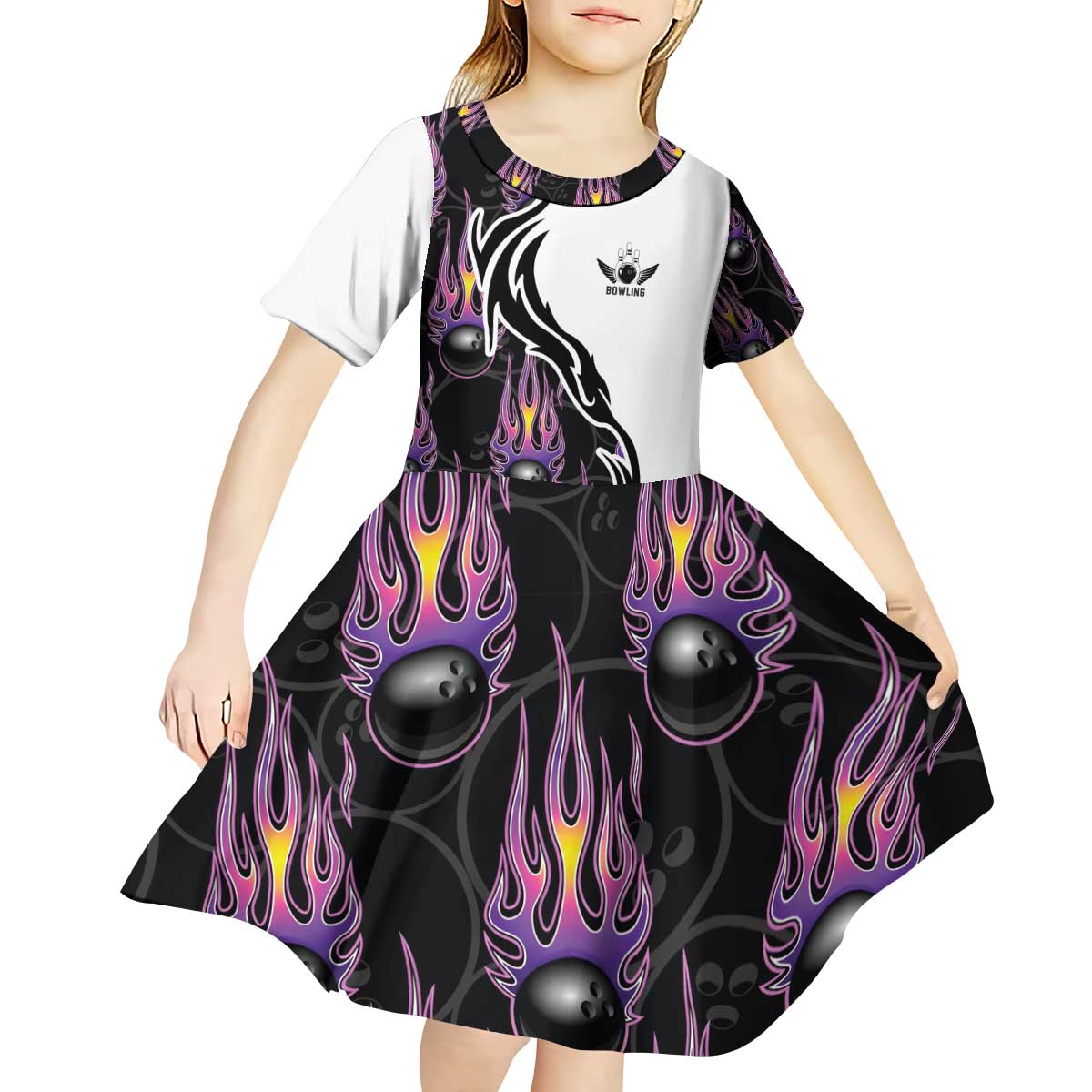 Custom Bowling Team Graphic Kid Short Sleeve Dress with Flaming Ball Design in Black White and Purple Flame Pattern - Wonder Print Shop