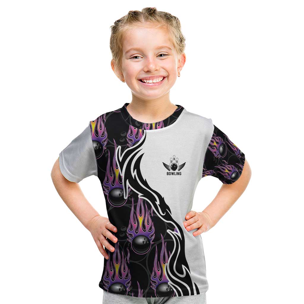 Custom Bowling Team Graphic Kid T Shirt with Flaming Ball Design in Black White and Purple Flame Pattern - Wonder Print Shop