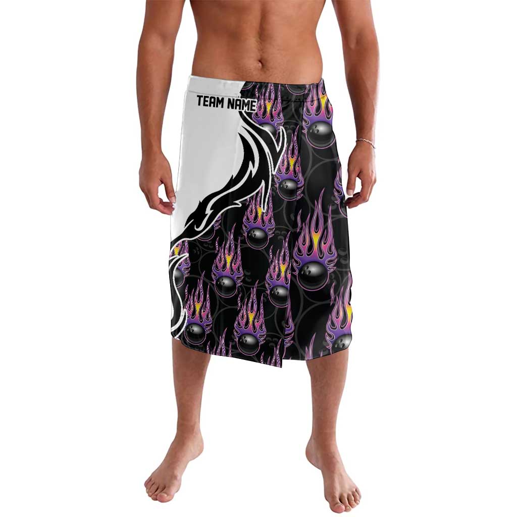 Custom Bowling Team Graphic Lavalava with Flaming Ball Design in Black White and Purple Flame Pattern - Wonder Print Shop