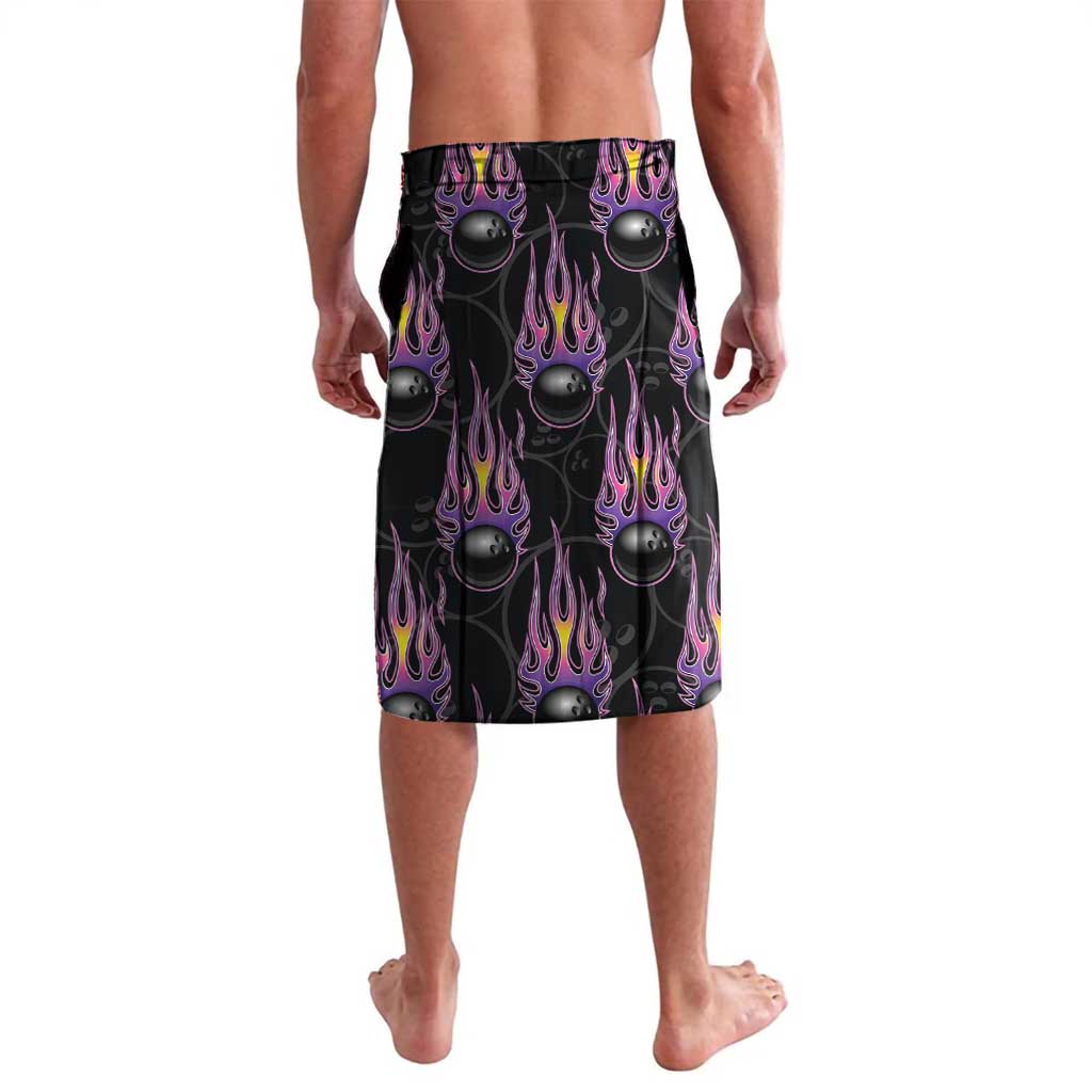 Custom Bowling Team Graphic Lavalava with Flaming Ball Design in Black White and Purple Flame Pattern - Wonder Print Shop