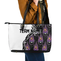 Custom Bowling Team Graphic Leather Tote Bag with Flaming Ball Design in Black White and Purple Flame Pattern - Wonder Print Shop