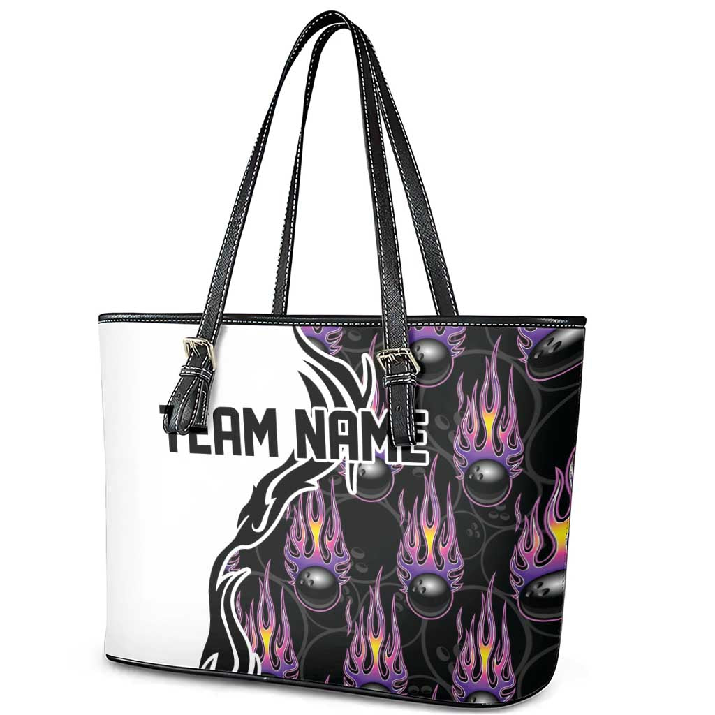 Custom Bowling Team Graphic Leather Tote Bag with Flaming Ball Design in Black White and Purple Flame Pattern - Wonder Print Shop