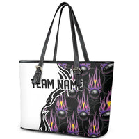 Custom Bowling Team Graphic Leather Tote Bag with Flaming Ball Design in Black White and Purple Flame Pattern - Wonder Print Shop