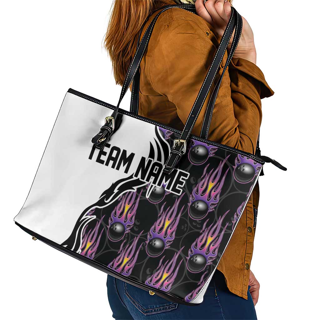 Custom Bowling Team Graphic Leather Tote Bag with Flaming Ball Design in Black White and Purple Flame Pattern - Wonder Print Shop