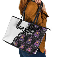 Custom Bowling Team Graphic Leather Tote Bag with Flaming Ball Design in Black White and Purple Flame Pattern - Wonder Print Shop