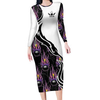 Custom Bowling Team Graphic Long Sleeve Bodycon Dress with Flaming Ball Design in Black White and Purple Flame Pattern - Wonder Print Shop