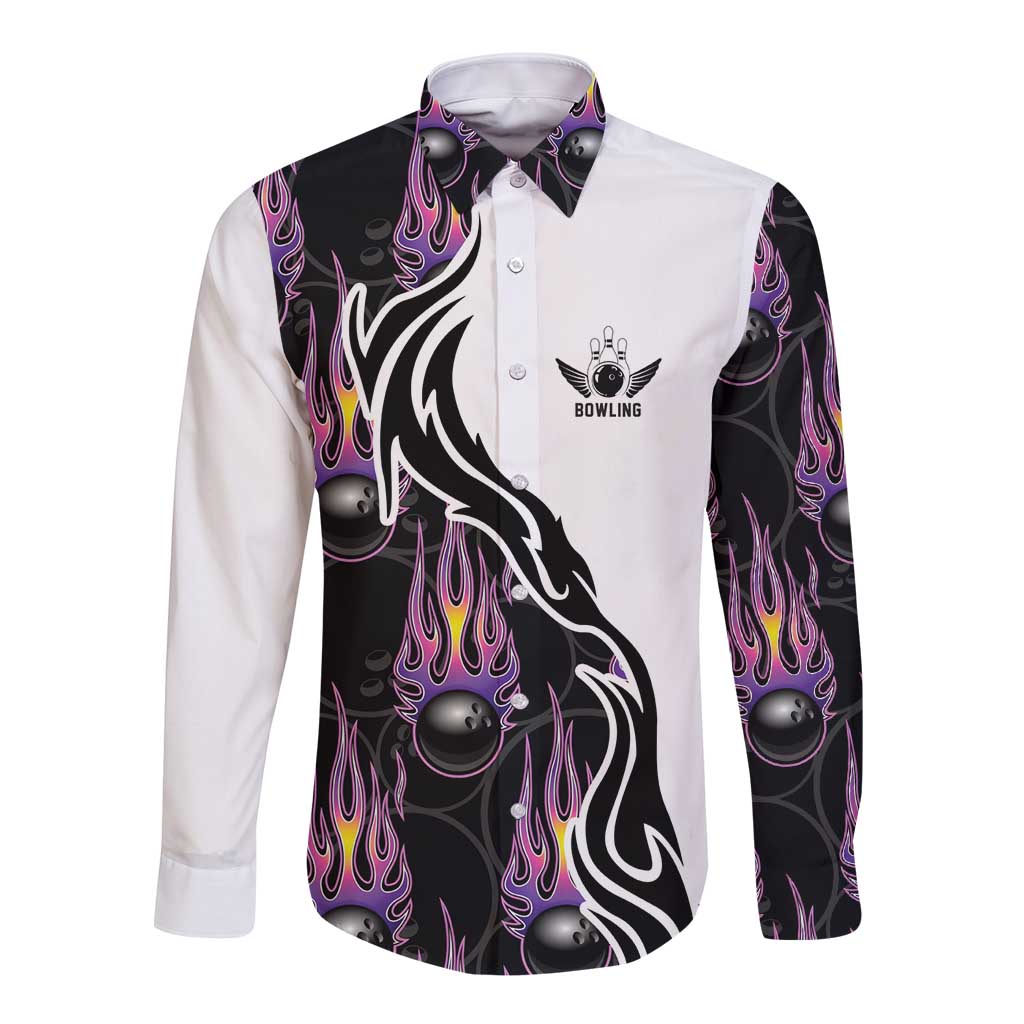 Custom Bowling Team Graphic Long Sleeve Button Shirt with Flaming Ball Design in Black White and Purple Flame Pattern - Wonder Print Shop