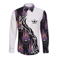 Custom Bowling Team Graphic Long Sleeve Button Shirt with Flaming Ball Design in Black White and Purple Flame Pattern - Wonder Print Shop
