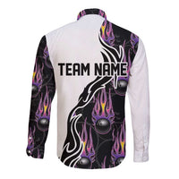 Custom Bowling Team Graphic Long Sleeve Button Shirt with Flaming Ball Design in Black White and Purple Flame Pattern - Wonder Print Shop