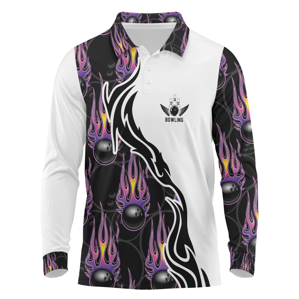 Custom Bowling Team Graphic Long Sleeve Polo Shirt with Flaming Ball Design in Black White and Purple Flame Pattern - Wonder Print Shop
