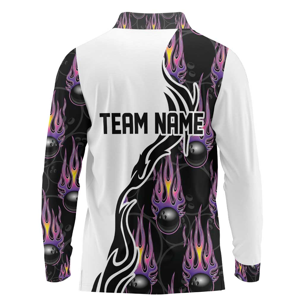 Custom Bowling Team Graphic Long Sleeve Polo Shirt with Flaming Ball Design in Black White and Purple Flame Pattern - Wonder Print Shop