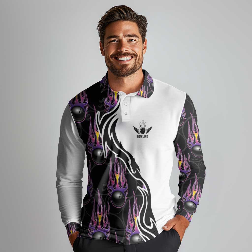 Custom Bowling Team Graphic Long Sleeve Polo Shirt with Flaming Ball Design in Black White and Purple Flame Pattern - Wonder Print Shop
