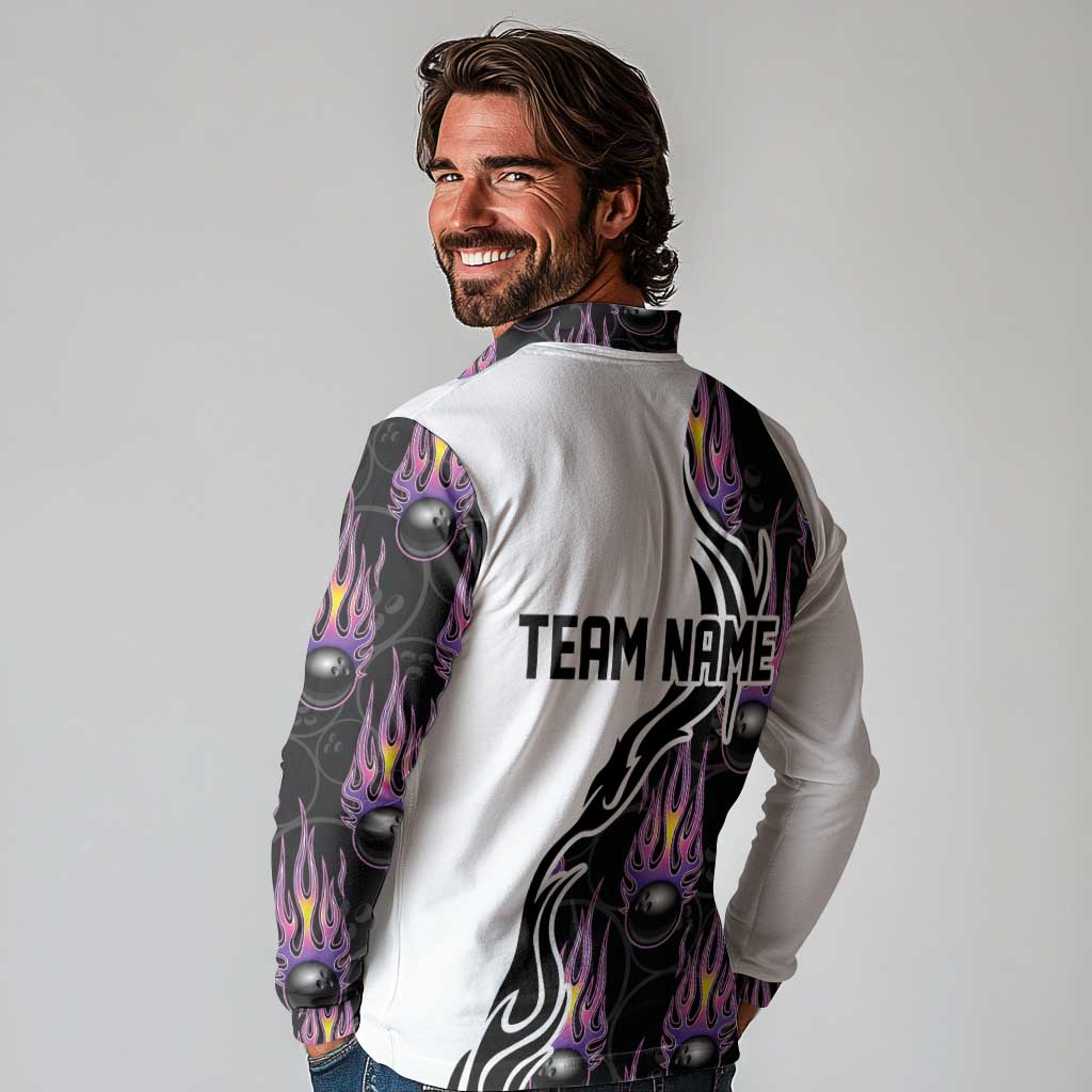 Custom Bowling Team Graphic Long Sleeve Polo Shirt with Flaming Ball Design in Black White and Purple Flame Pattern - Wonder Print Shop