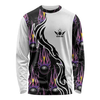 Custom Bowling Team Graphic Long Sleeve Shirt with Flaming Ball Design in Black White and Purple Flame Pattern - Wonder Print Shop