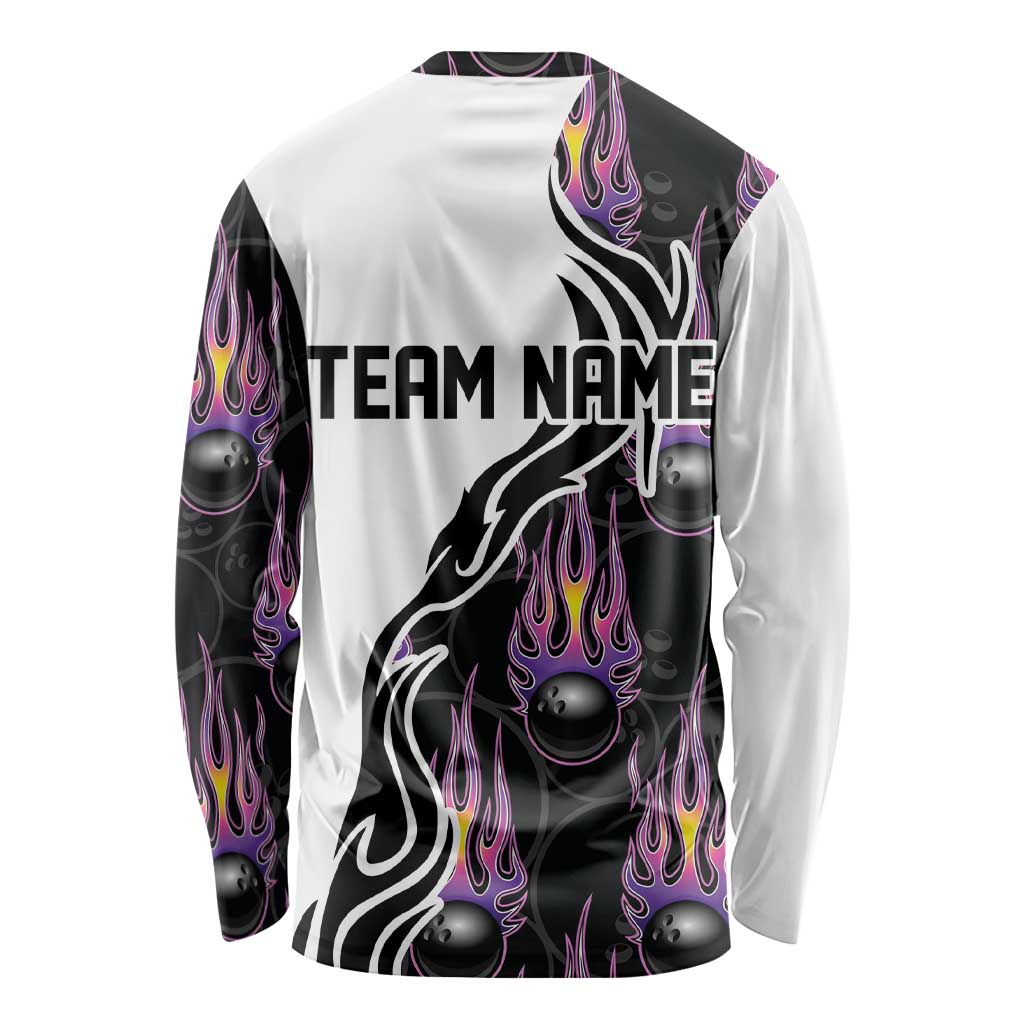 Custom Bowling Team Graphic Long Sleeve Shirt with Flaming Ball Design in Black White and Purple Flame Pattern - Wonder Print Shop