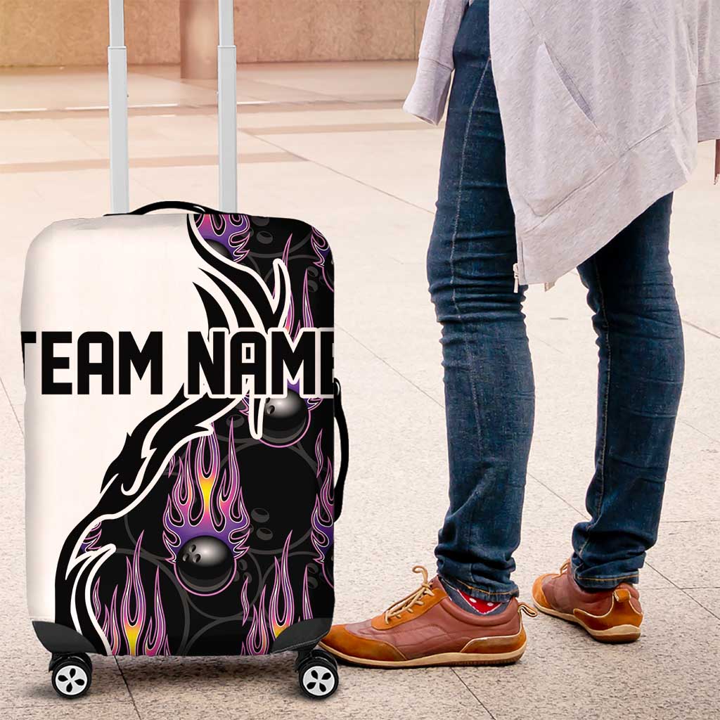 Custom Bowling Team Graphic Luggage Cover with Flaming Ball Design in Black White and Purple Flame Pattern - Wonder Print Shop