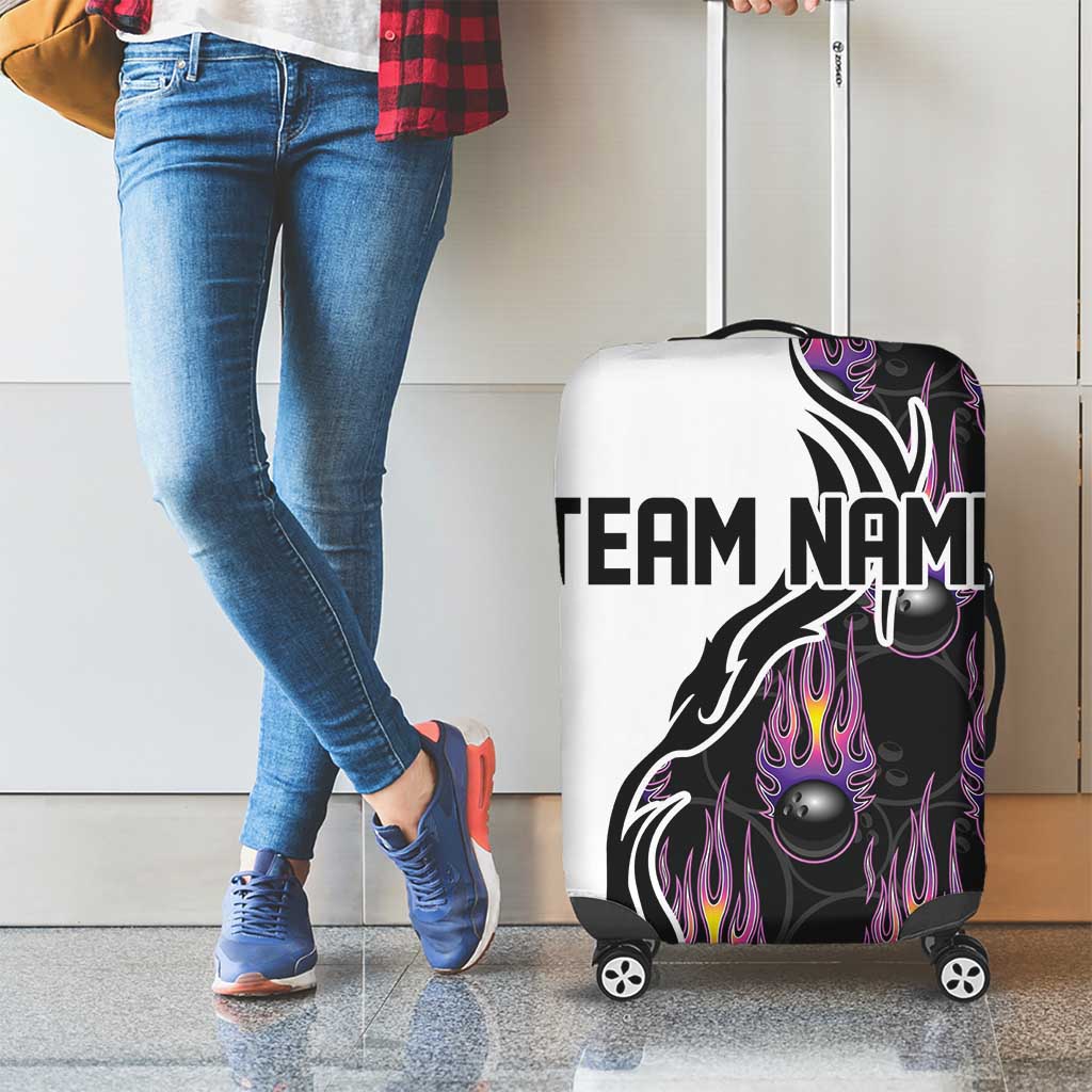 Custom Bowling Team Graphic Luggage Cover with Flaming Ball Design in Black White and Purple Flame Pattern - Wonder Print Shop