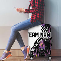 Custom Bowling Team Graphic Luggage Cover with Flaming Ball Design in Black White and Purple Flame Pattern - Wonder Print Shop