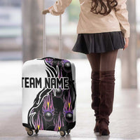 Custom Bowling Team Graphic Luggage Cover with Flaming Ball Design in Black White and Purple Flame Pattern - Wonder Print Shop