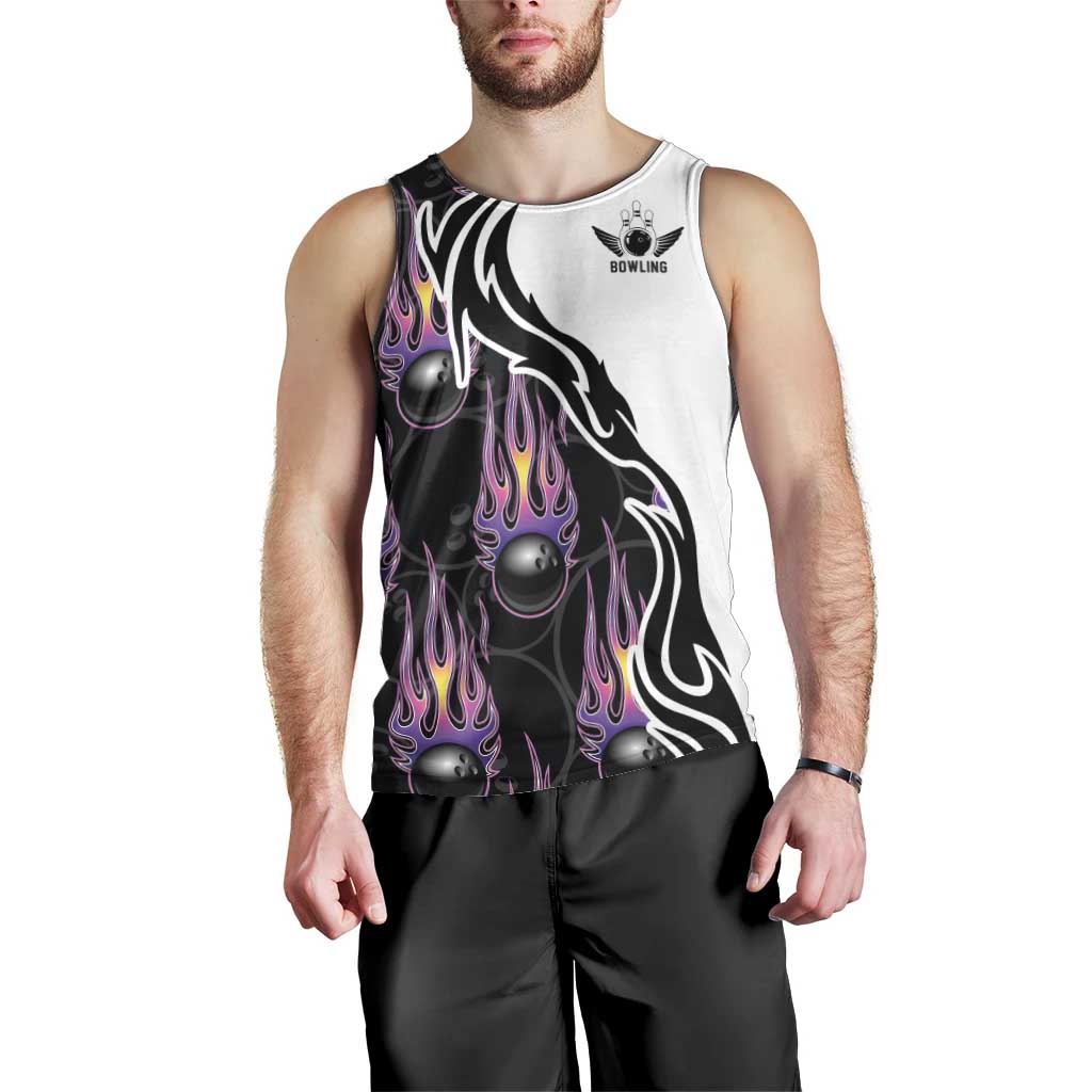 Custom Bowling Team Graphic Men Tank Top with Flaming Ball Design in Black White and Purple Flame Pattern - Wonder Print Shop