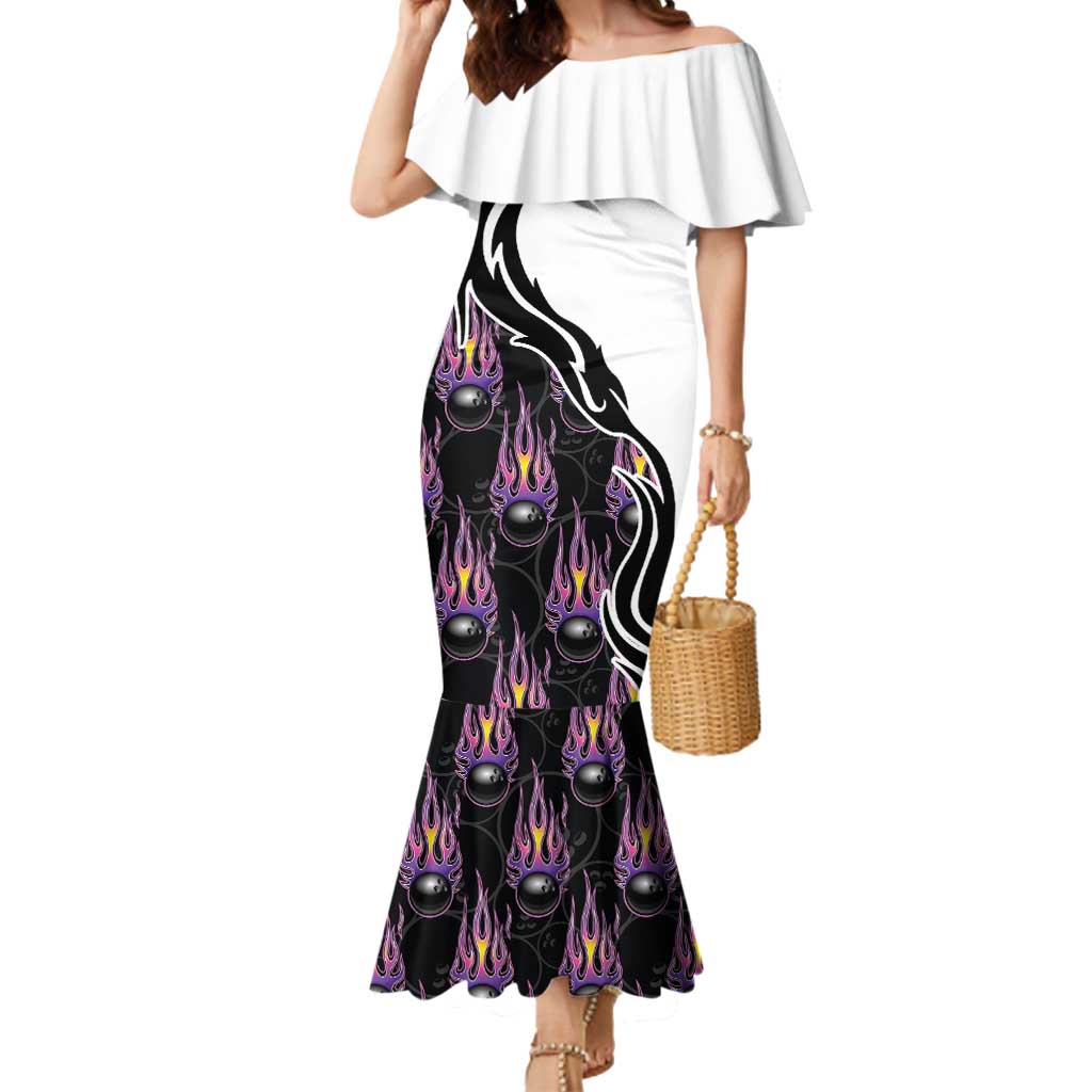 Custom Bowling Team Graphic Mermaid Dress with Flaming Ball Design in Black White and Purple Flame Pattern - Wonder Print Shop