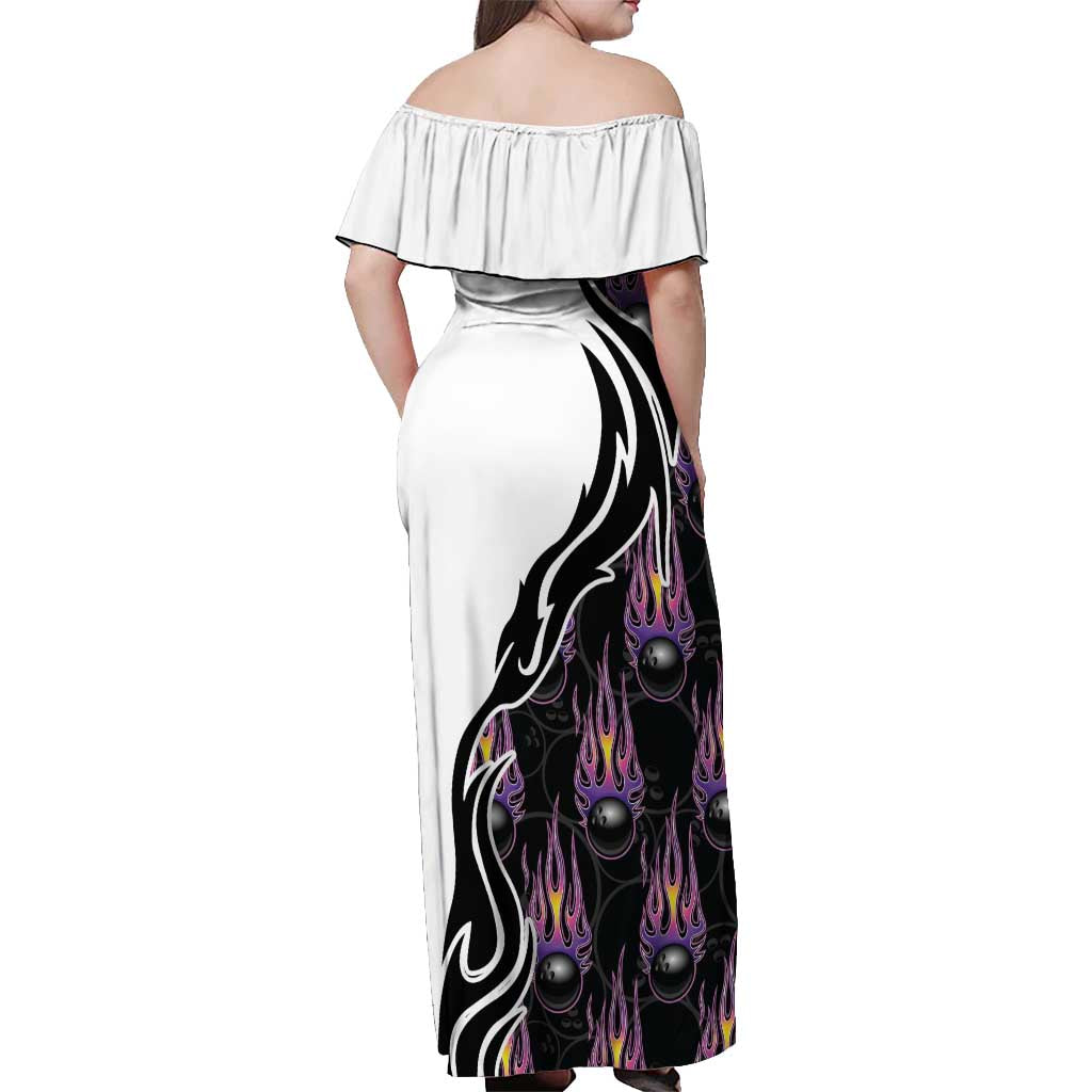 Custom Bowling Team Graphic Off Shoulder Maxi Dress with Flaming Ball Design in Black White and Purple Flame Pattern - Wonder Print Shop