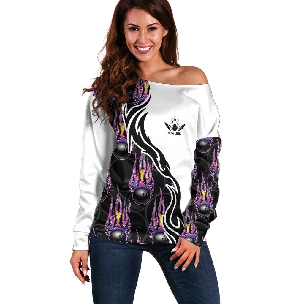 Custom Bowling Team Graphic Off Shoulder Sweater with Flaming Ball Design in Black White and Purple Flame Pattern - Wonder Print Shop