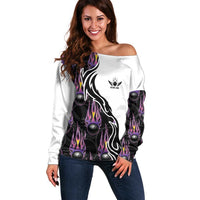 Custom Bowling Team Graphic Off Shoulder Sweater with Flaming Ball Design in Black White and Purple Flame Pattern - Wonder Print Shop