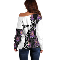Custom Bowling Team Graphic Off Shoulder Sweater with Flaming Ball Design in Black White and Purple Flame Pattern - Wonder Print Shop