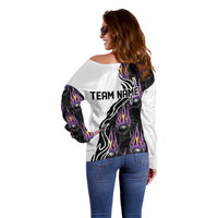 Custom Bowling Team Graphic Off Shoulder Sweater with Flaming Ball Design in Black White and Purple Flame Pattern - Wonder Print Shop