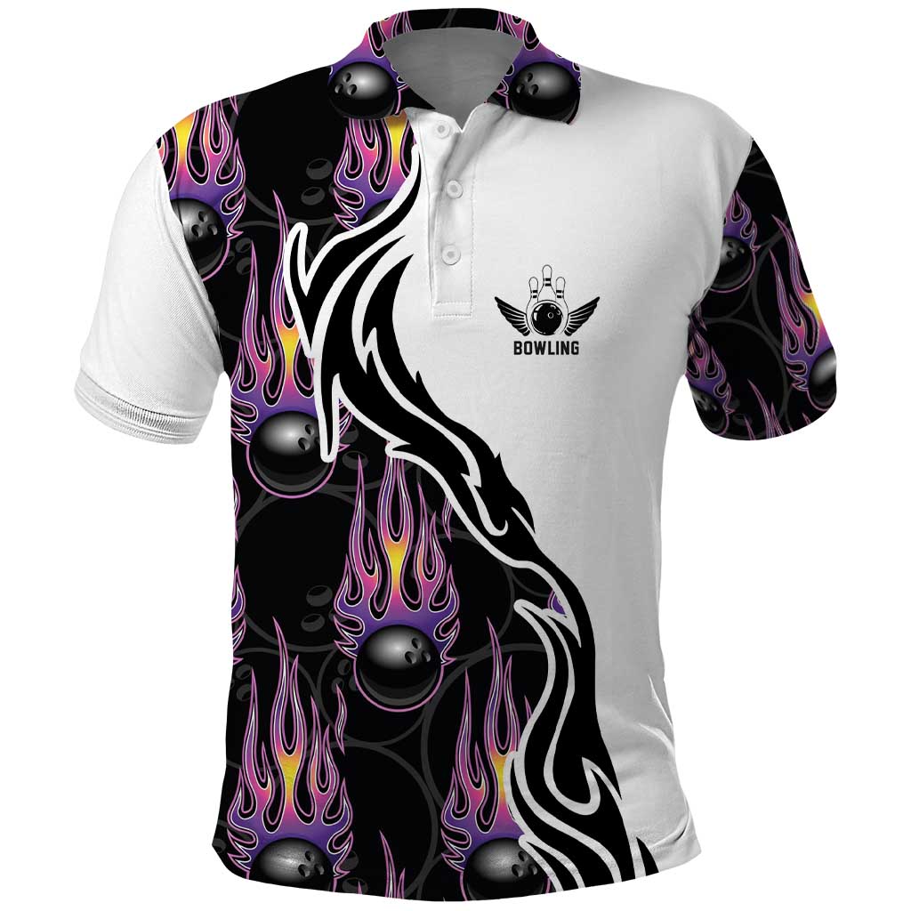 Custom Bowling Team Graphic Polo Shirt with Flaming Ball Design in Black White and Purple Flame Pattern - Wonder Print Shop