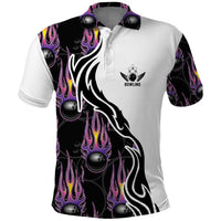 Custom Bowling Team Graphic Polo Shirt with Flaming Ball Design in Black White and Purple Flame Pattern - Wonder Print Shop
