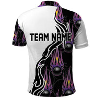 Custom Bowling Team Graphic Polo Shirt with Flaming Ball Design in Black White and Purple Flame Pattern - Wonder Print Shop