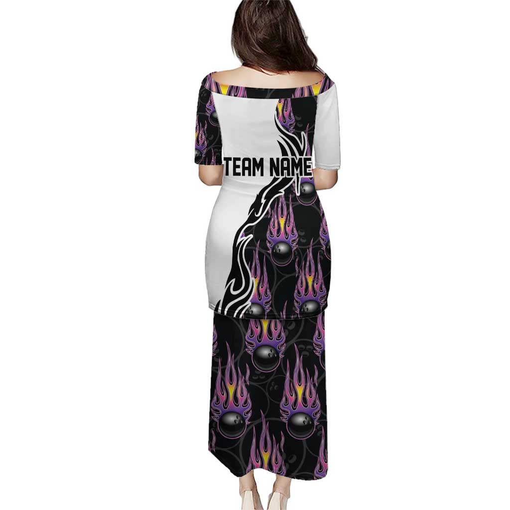 Custom Bowling Team Graphic Puletasi with Flaming Ball Design in Black White and Purple Flame Pattern - Wonder Print Shop