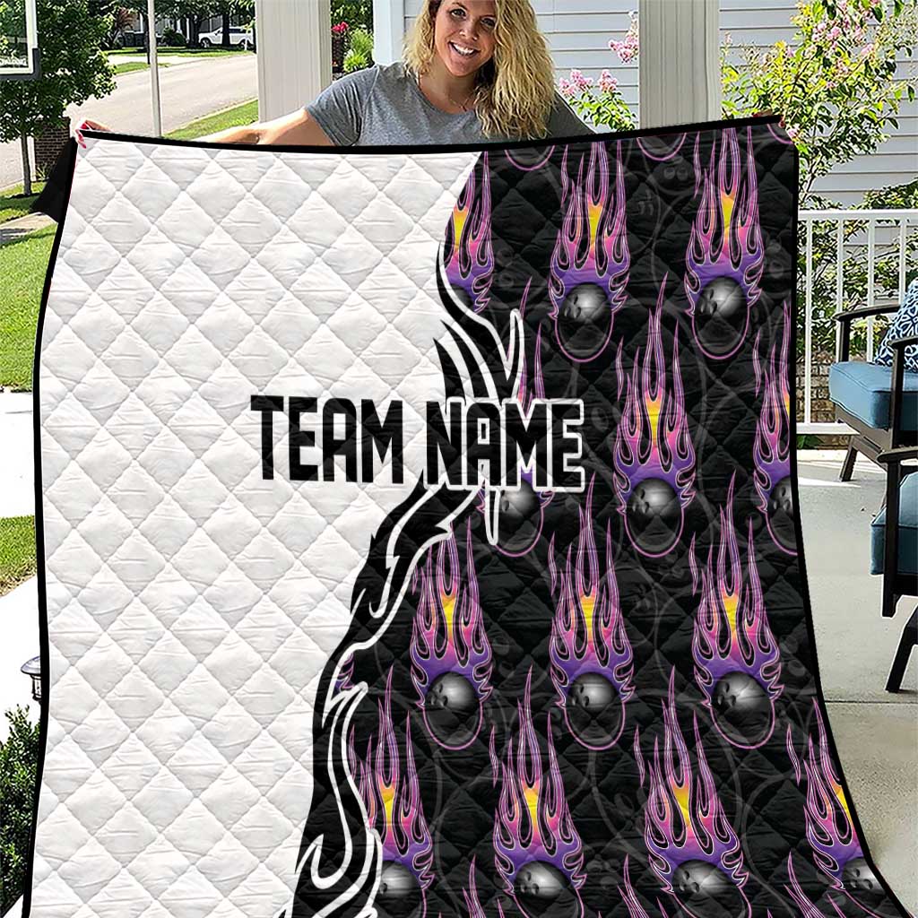 Custom Bowling Team Graphic Quilt with Flaming Ball Design in Black White and Purple Flame Pattern - Wonder Print Shop