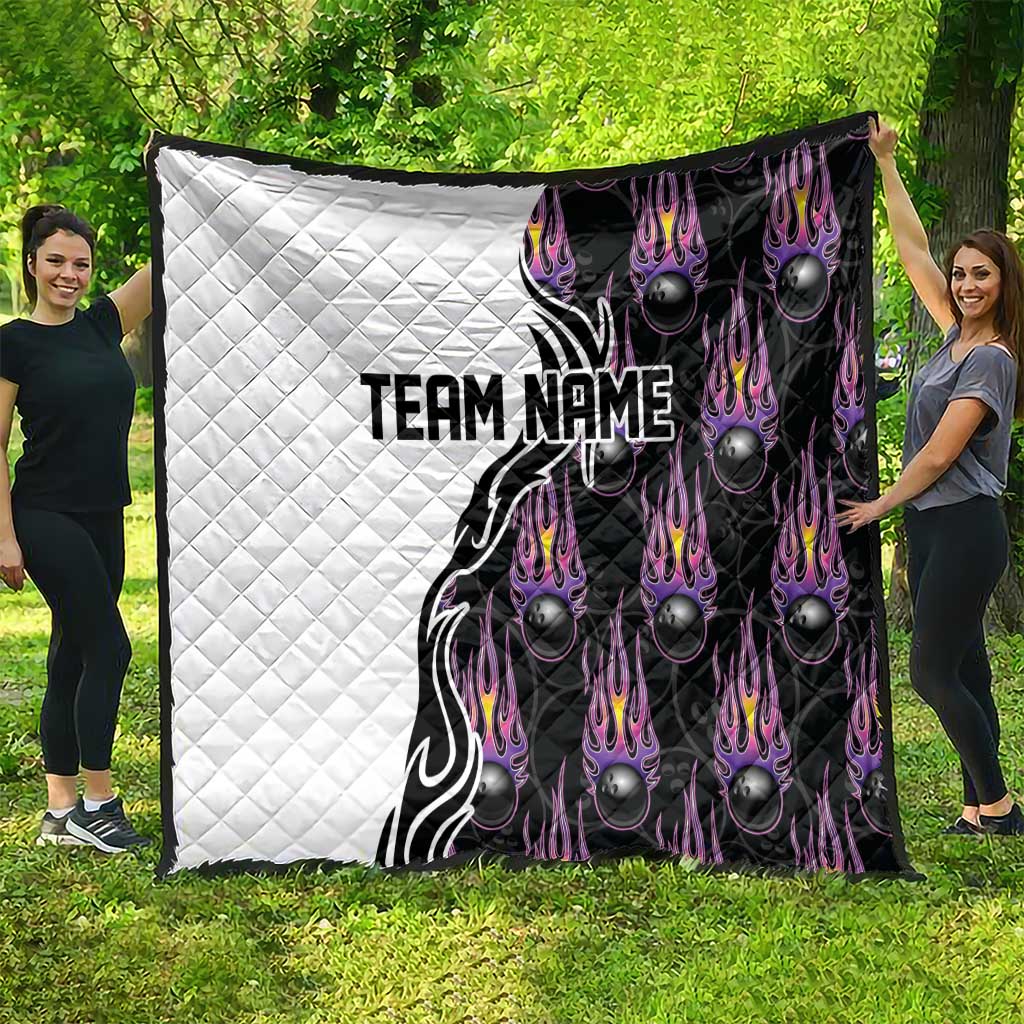Custom Bowling Team Graphic Quilt with Flaming Ball Design in Black White and Purple Flame Pattern - Wonder Print Shop