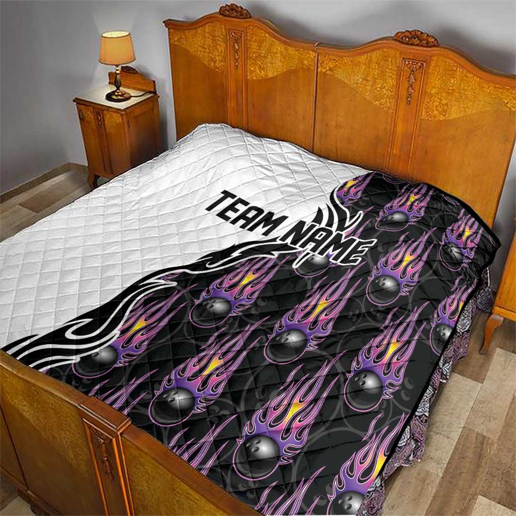 Custom Bowling Team Graphic Quilt with Flaming Ball Design in Black White and Purple Flame Pattern - Wonder Print Shop