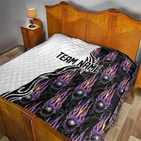 Custom Bowling Team Graphic Quilt with Flaming Ball Design in Black White and Purple Flame Pattern - Wonder Print Shop