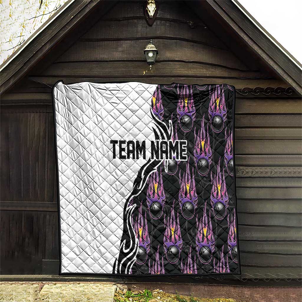 Custom Bowling Team Graphic Quilt with Flaming Ball Design in Black White and Purple Flame Pattern - Wonder Print Shop