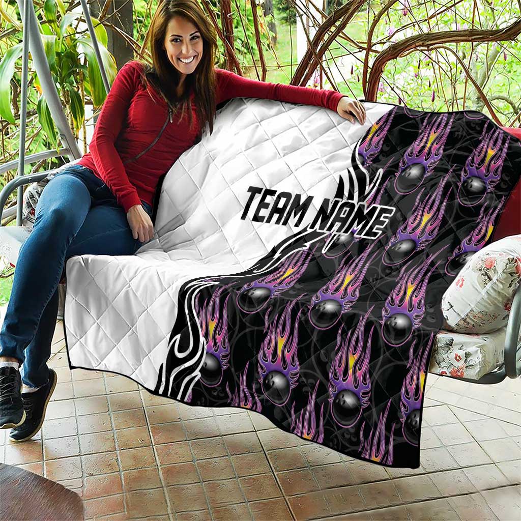 Custom Bowling Team Graphic Quilt with Flaming Ball Design in Black White and Purple Flame Pattern - Wonder Print Shop