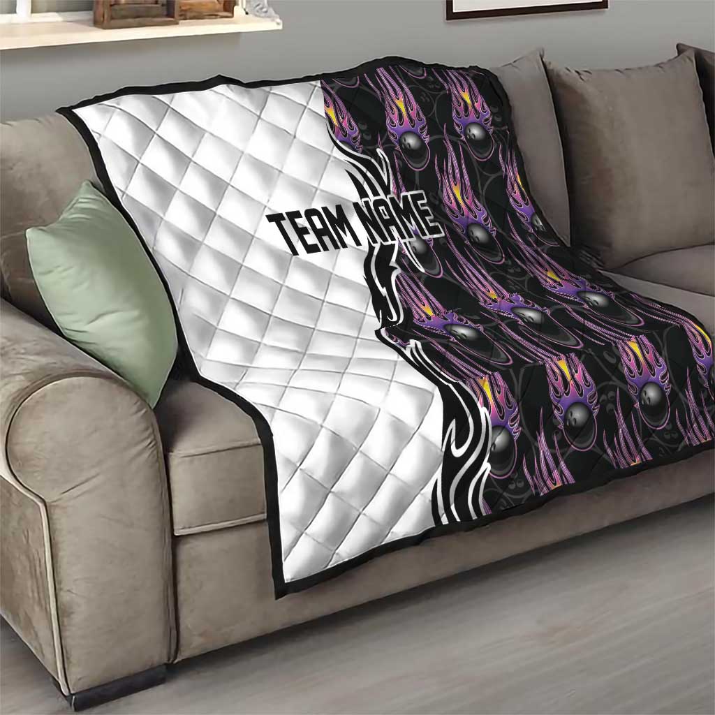 Custom Bowling Team Graphic Quilt with Flaming Ball Design in Black White and Purple Flame Pattern - Wonder Print Shop