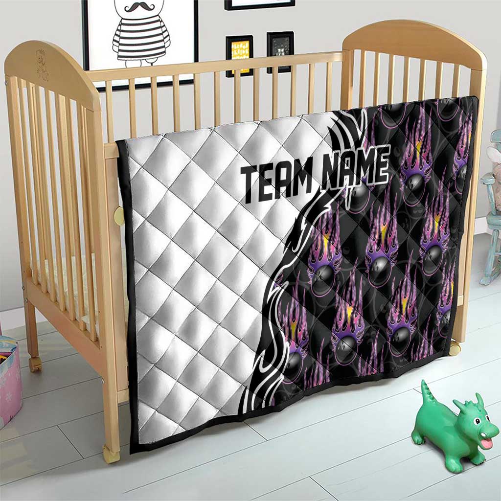 Custom Bowling Team Graphic Quilt with Flaming Ball Design in Black White and Purple Flame Pattern - Wonder Print Shop